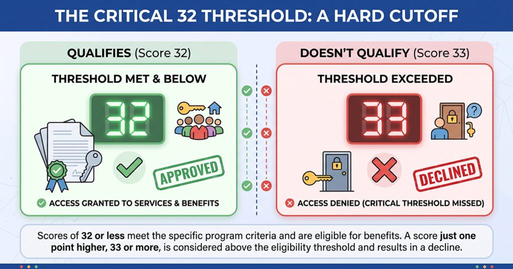 PMT score BISP 32 point eligibility threshold explained on a score gauge