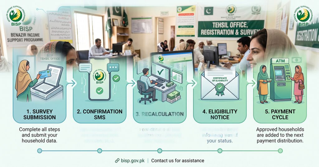 BISP dynamic survey form used to update NSER record at a Tehsil office in 2026