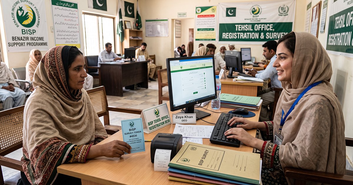 Woman completing a BISP dynamic survey at a Tehsil office to update NSER record details
