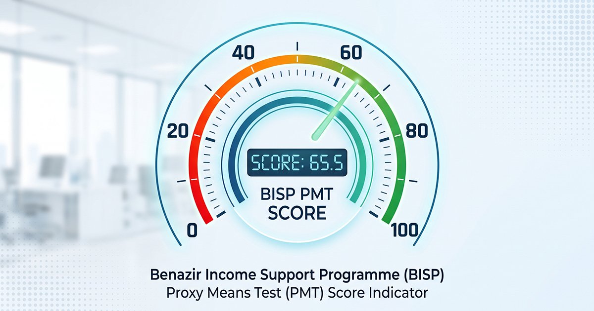 PMT score BISP gauge showing a Proxy Means Test score for BISP eligibility