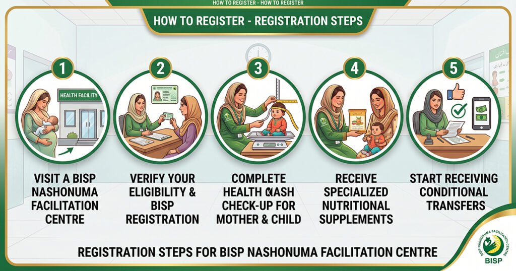 Nashonuma registration steps at a Benazir Nashonuma Program facilitation centre